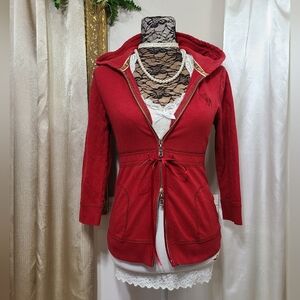 ♡ Y2K ♡ Abercrombie & Fitch Red Waist Tie Babydoll Hoodie Double Zip